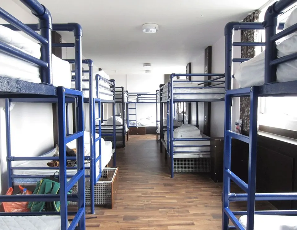 Hostel dormitory with bunk beds